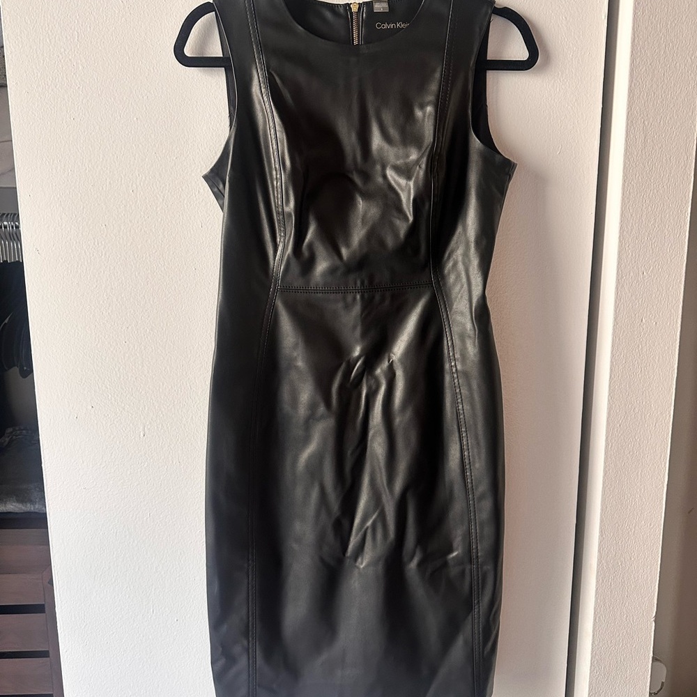 Calvin Klein Black Faux Leather Sheath Dress